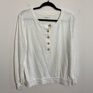 Loft Size Medium Solid White 100% Cotton Henley Buttons Long Sleeve Lightweight